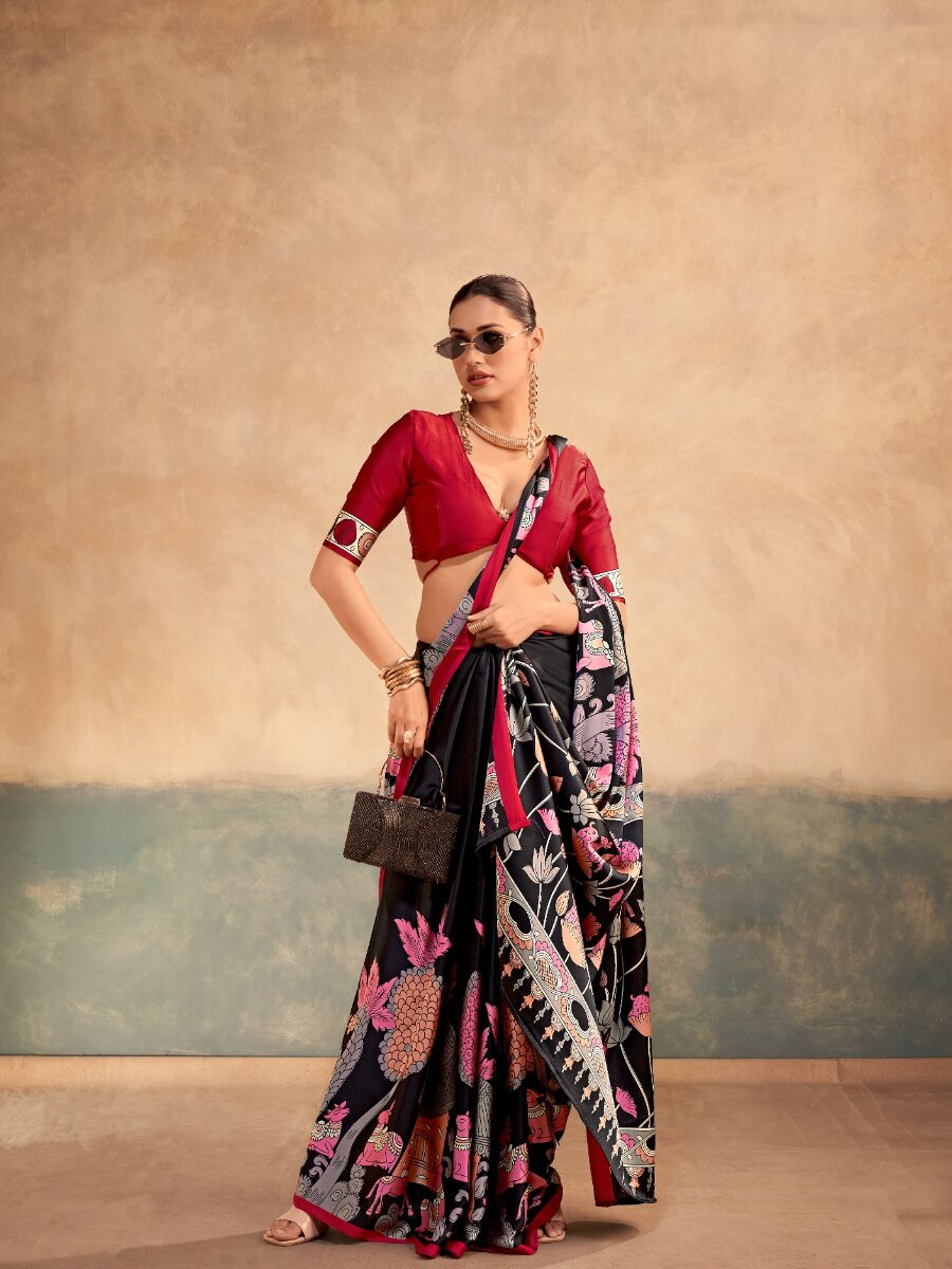 Black Satin Silk Kalamkari Printed Wedding Reception Party Festival Casual Heavy Border Sarees