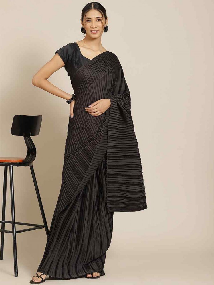 Black Satin Silk Plain Casual Festival Classic Style Saree