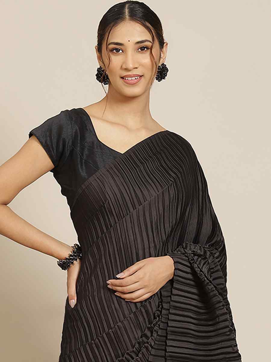 Black Satin Silk Plain Casual Festival Classic Style Saree