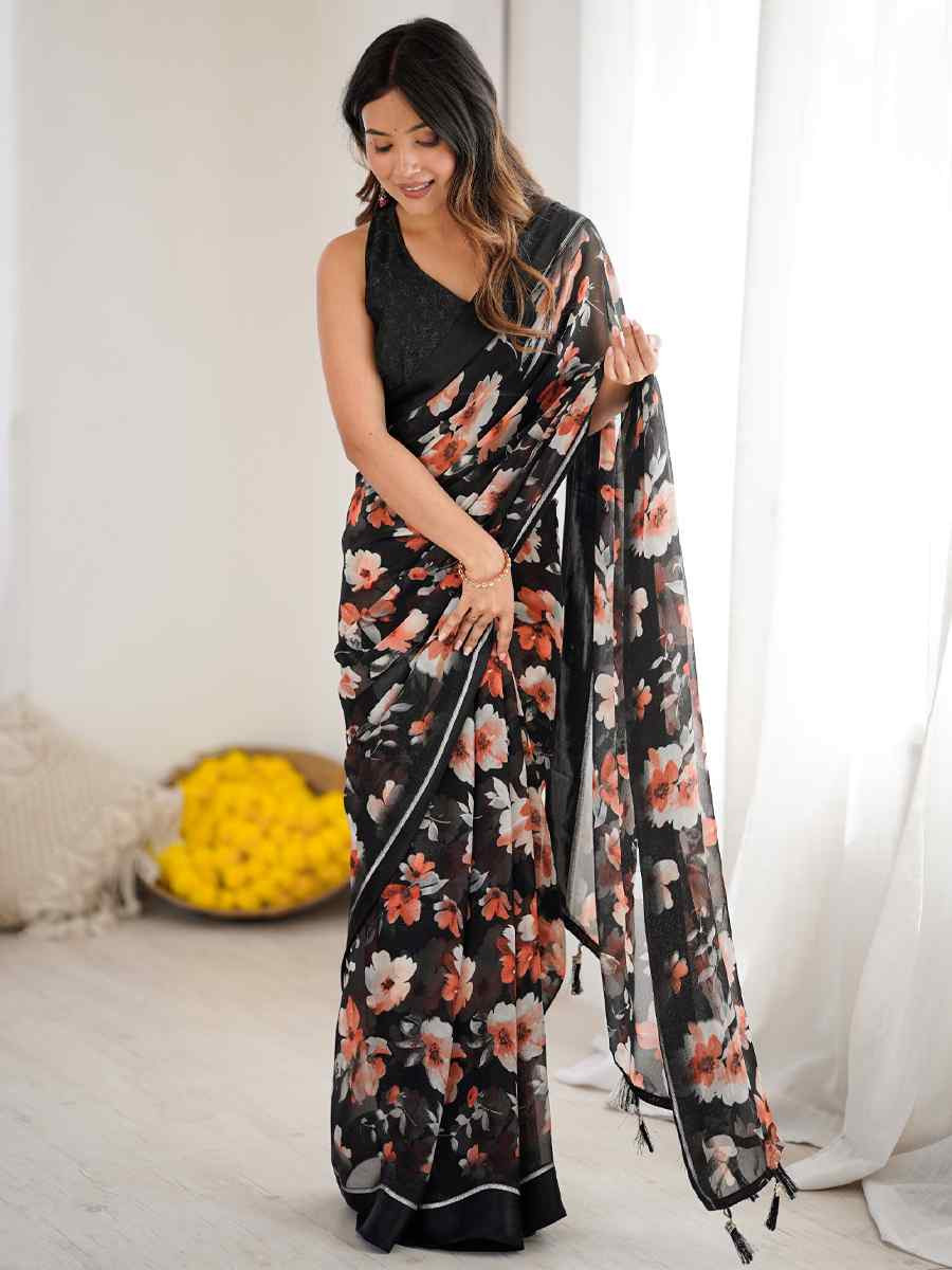 Black Satin Silk Printed Casual Reception Festival Wedding Fancy Classic Style Sarees