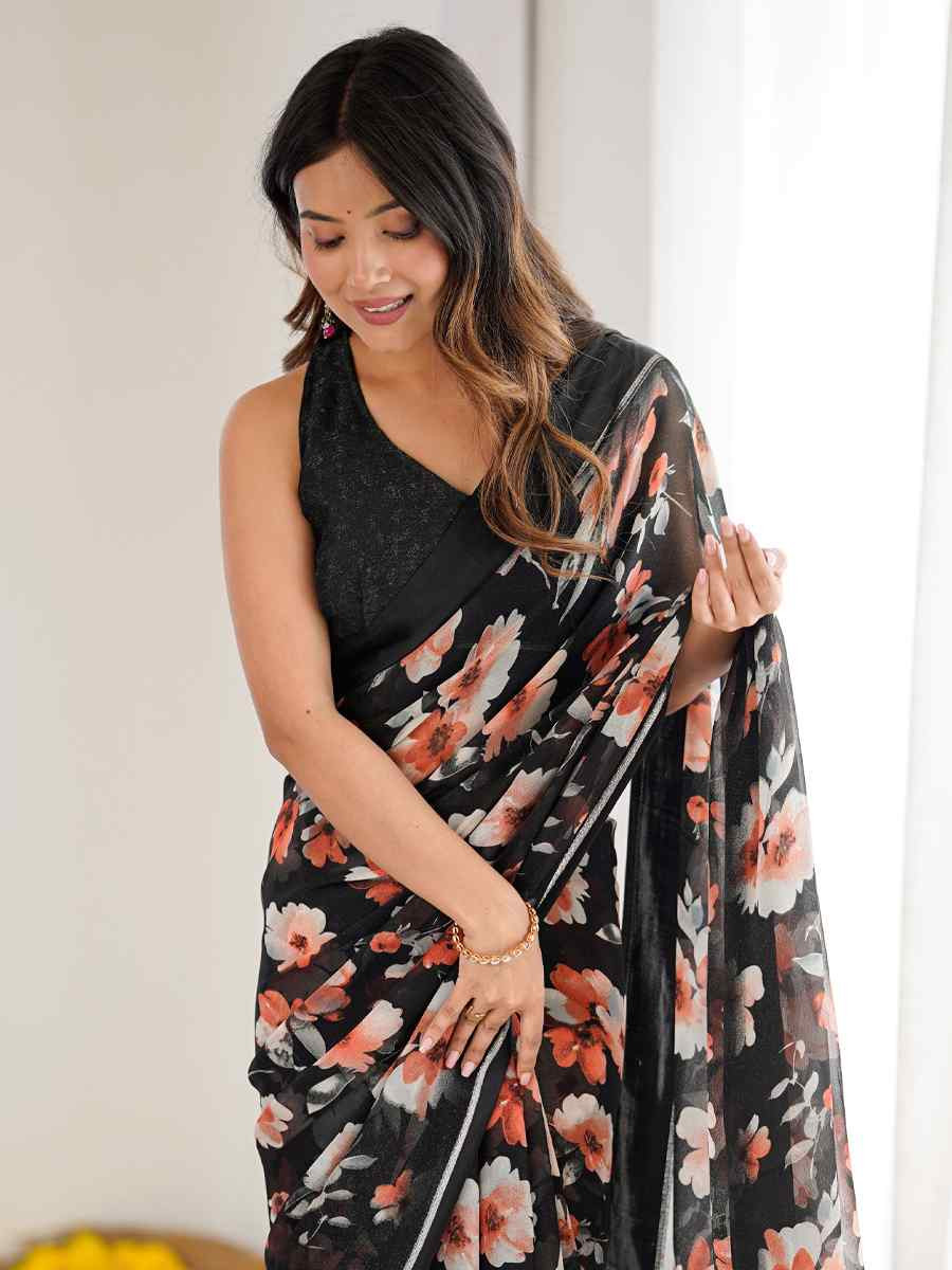 Black Satin Silk Printed Casual Reception Festival Wedding Fancy Classic Style Sarees