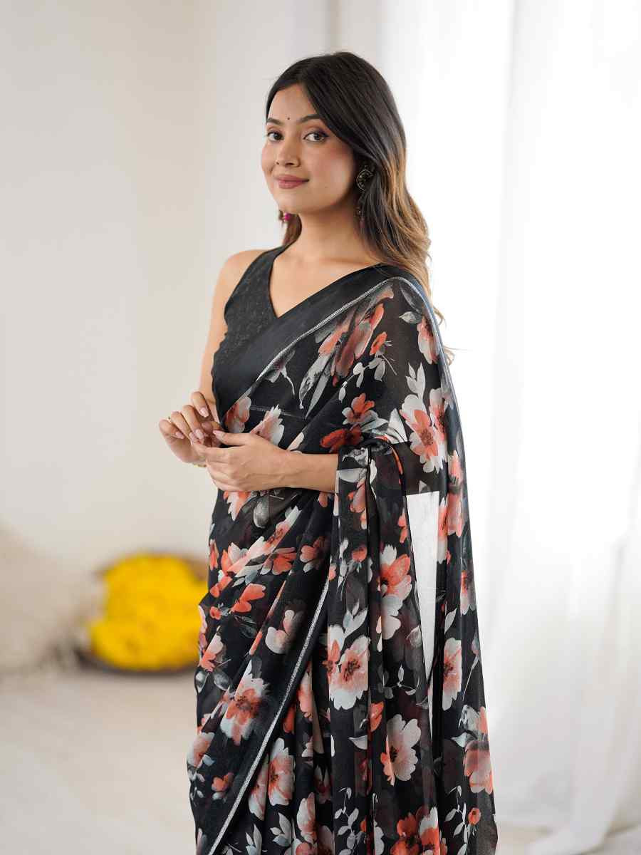 Black Satin Silk Printed Casual Reception Festival Wedding Fancy Classic Style Sarees