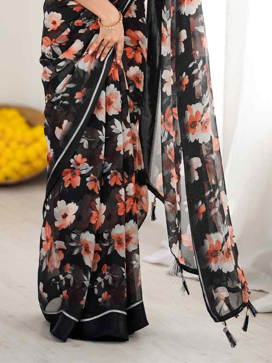 Black Satin Silk Printed Casual Reception Festival Wedding Fancy Classic Style Sarees