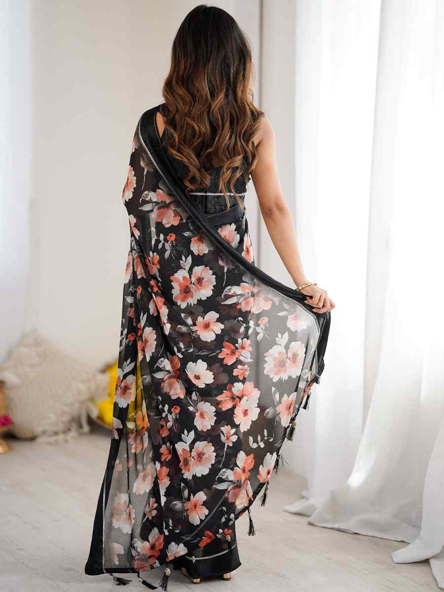Black Satin Silk Printed Casual Reception Festival Wedding Fancy Classic Style Sarees