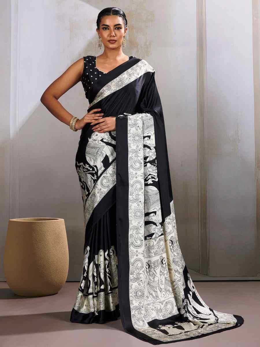 Black Satin Silk Printed Traditional Casual Reception Festival Wedding Fancy Heavy Border Saree