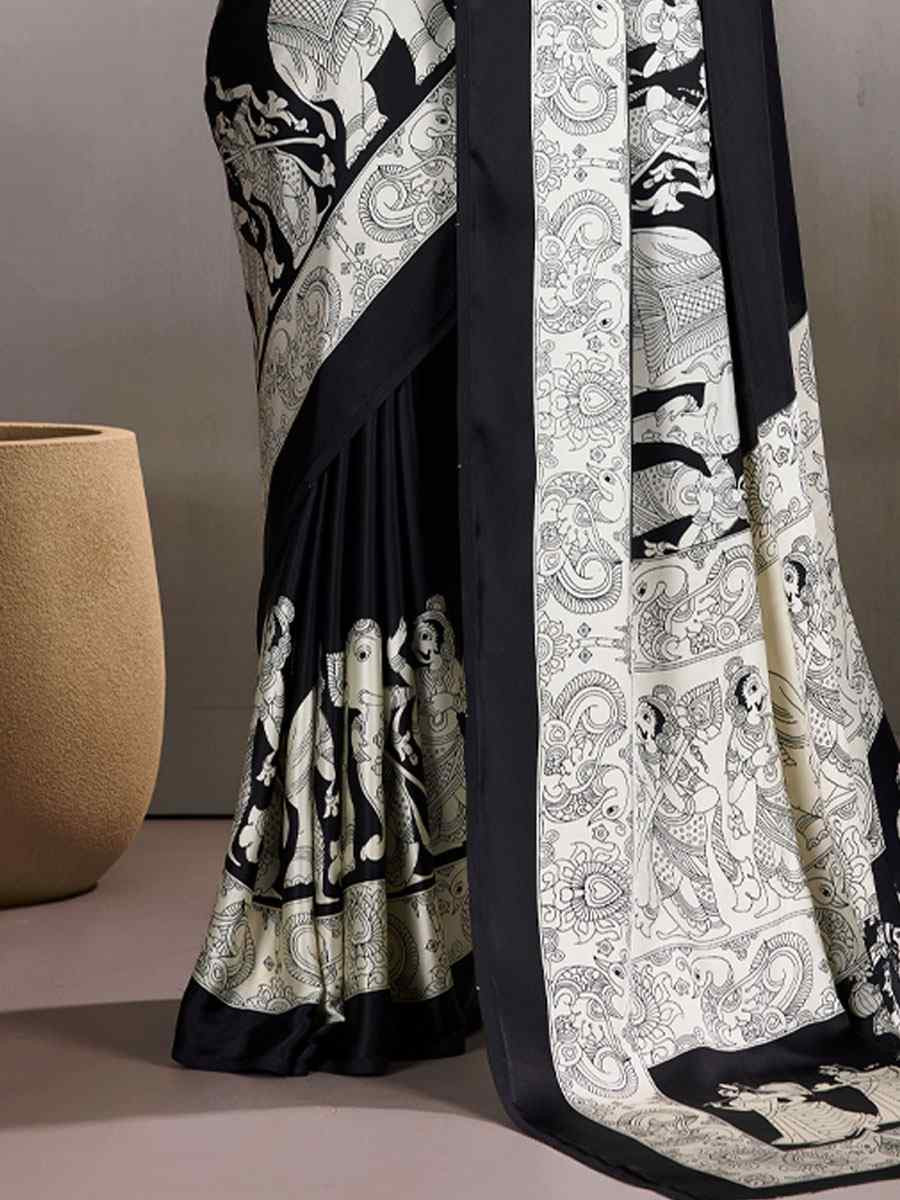 Black Satin Silk Printed Traditional Casual Reception Festival Wedding Fancy Heavy Border Saree