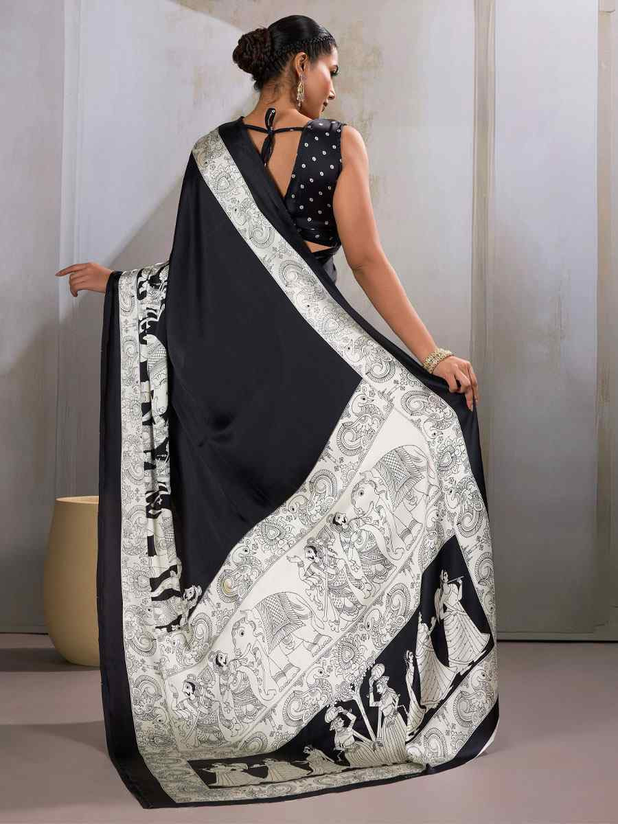 Black Satin Silk Printed Traditional Casual Reception Festival Wedding Fancy Heavy Border Saree