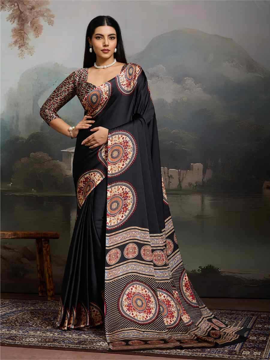 Black Satin Silk Printed Traditional Casual Reception Festival Wedding Fancy Heavy Border Saree
