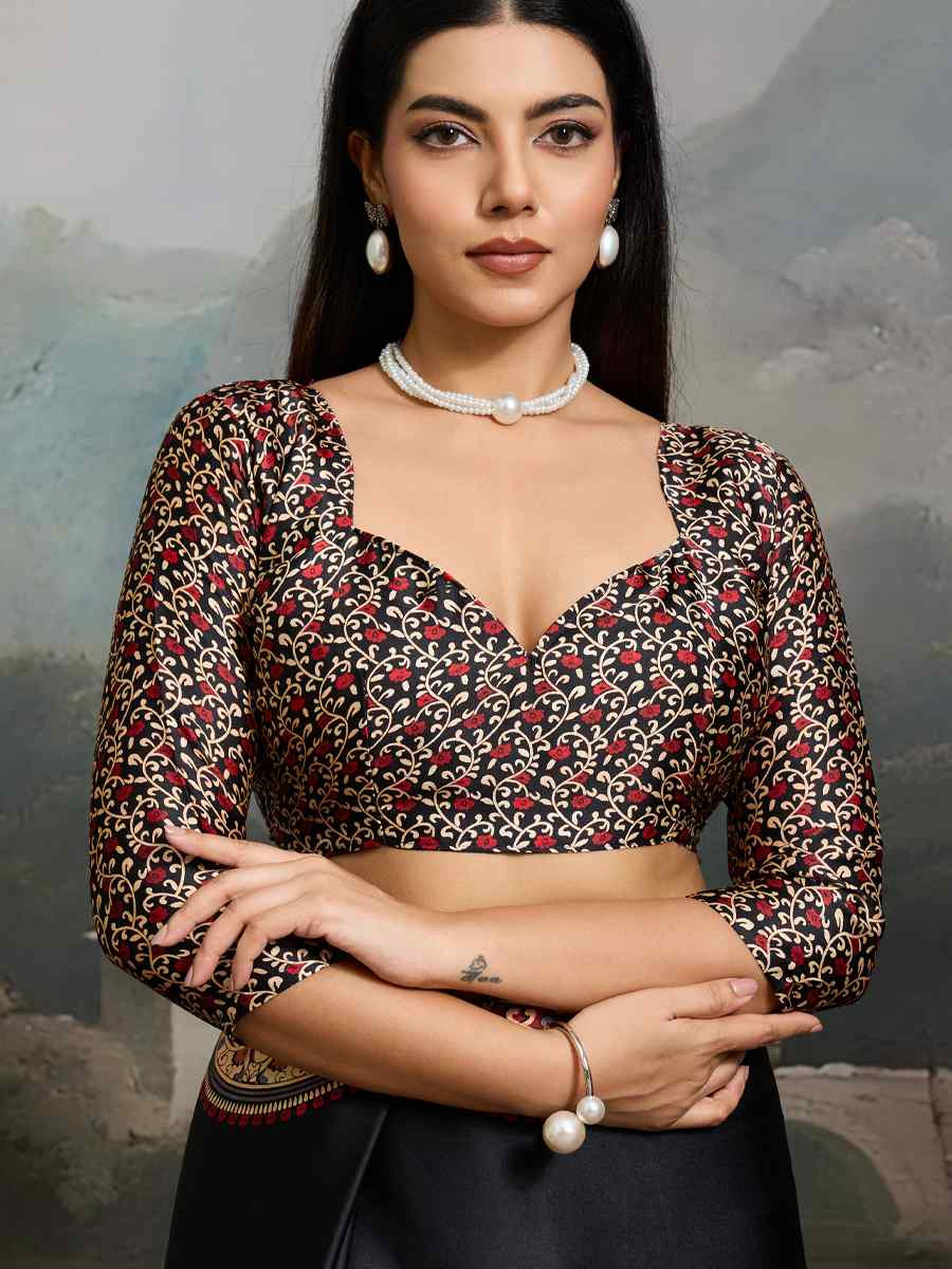 Black Satin Silk Printed Traditional Casual Reception Festival Wedding Fancy Heavy Border Saree