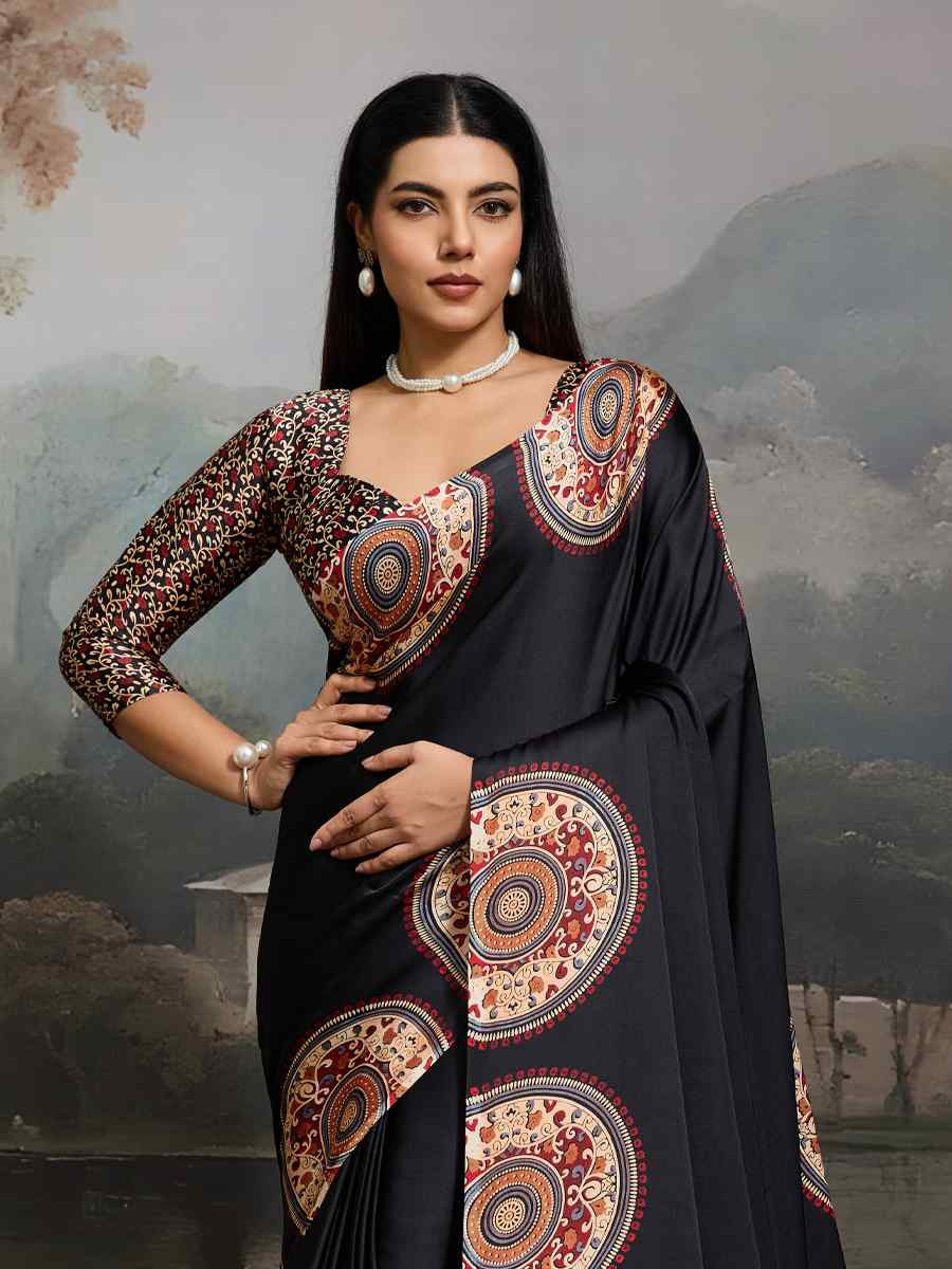Black Satin Silk Printed Traditional Casual Reception Festival Wedding Fancy Heavy Border Saree
