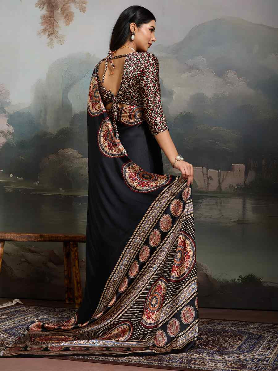 Black Satin Silk Printed Traditional Casual Reception Festival Wedding Fancy Heavy Border Saree
