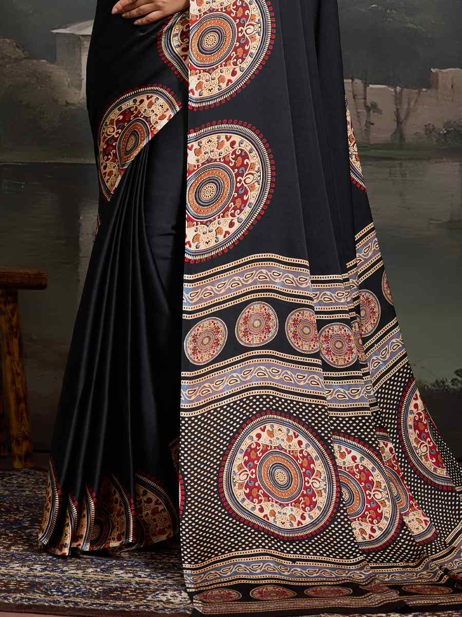 Black Satin Silk Printed Traditional Casual Reception Festival Wedding Fancy Heavy Border Saree