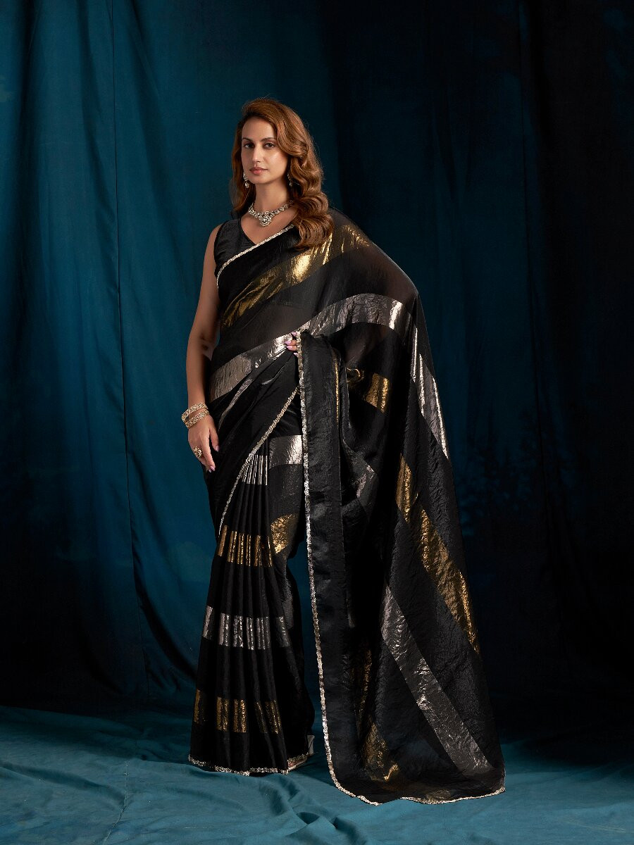Black Satin silk Zircon Stone Wedding Reception Party Festival Casual Classic Style Sarees