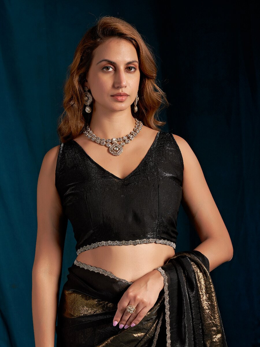 Black Satin silk Zircon Stone Wedding Reception Party Festival Casual Classic Style Sarees