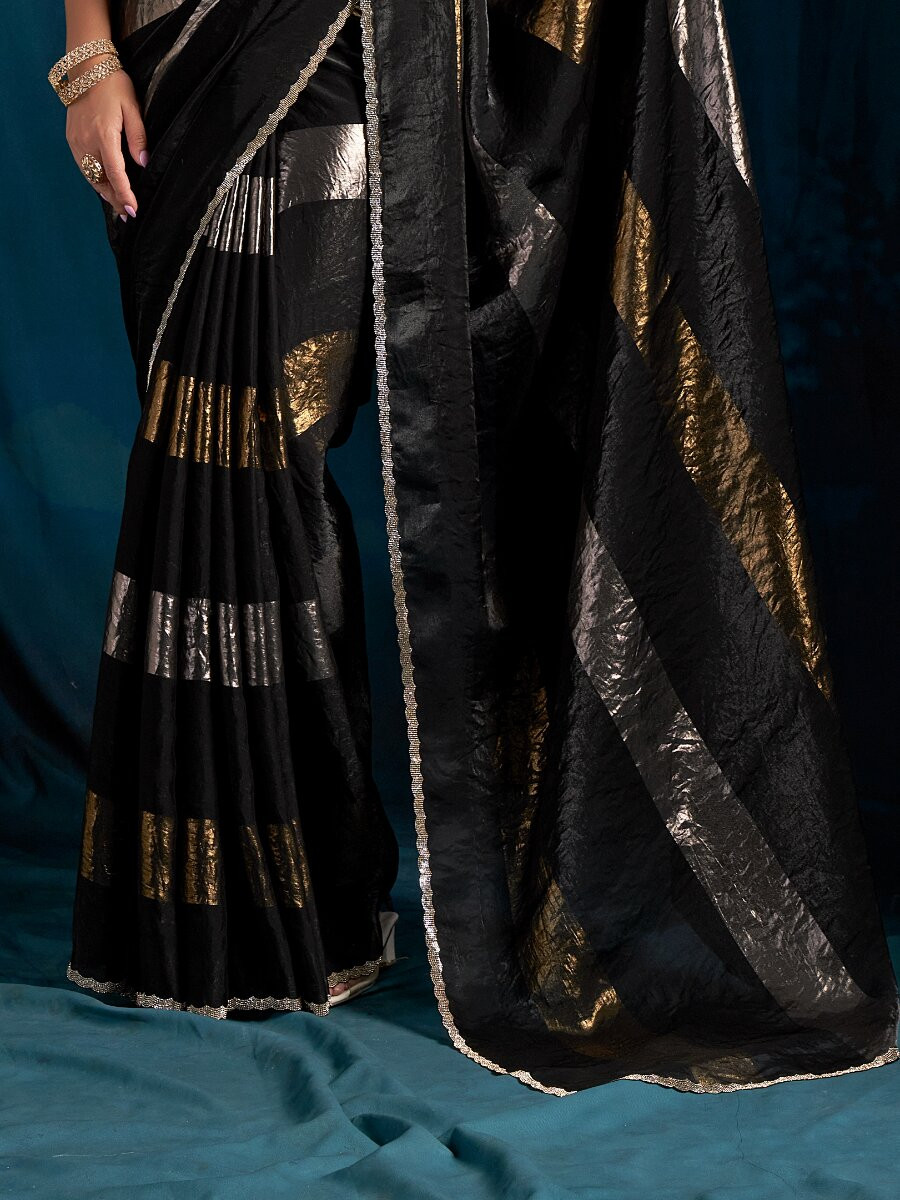 Black Satin silk Zircon Stone Wedding Reception Party Festival Casual Classic Style Sarees