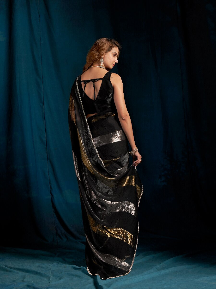 Black Satin silk Zircon Stone Wedding Reception Party Festival Casual Classic Style Sarees
