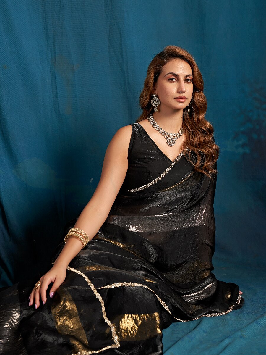 Black Satin silk Zircon Stone Wedding Reception Party Festival Casual Classic Style Sarees