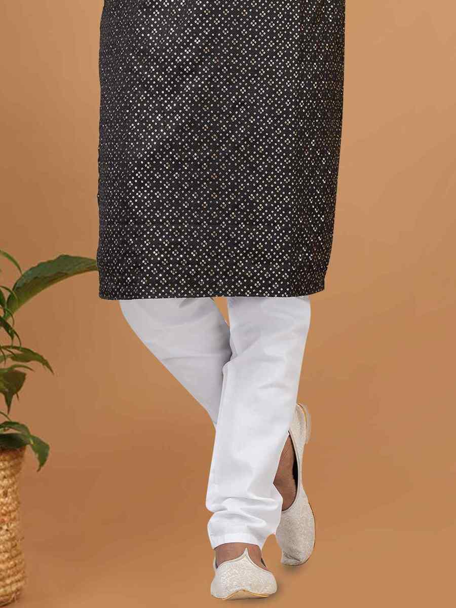 Black Semi Gaji Silk Embroidered Festival Wedding Kurta