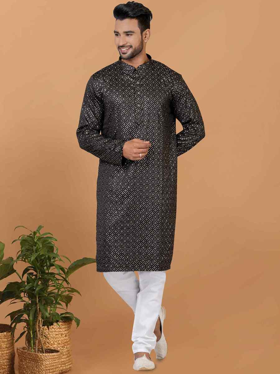 Black Semi Gaji Silk Embroidered Festival Wedding Kurta