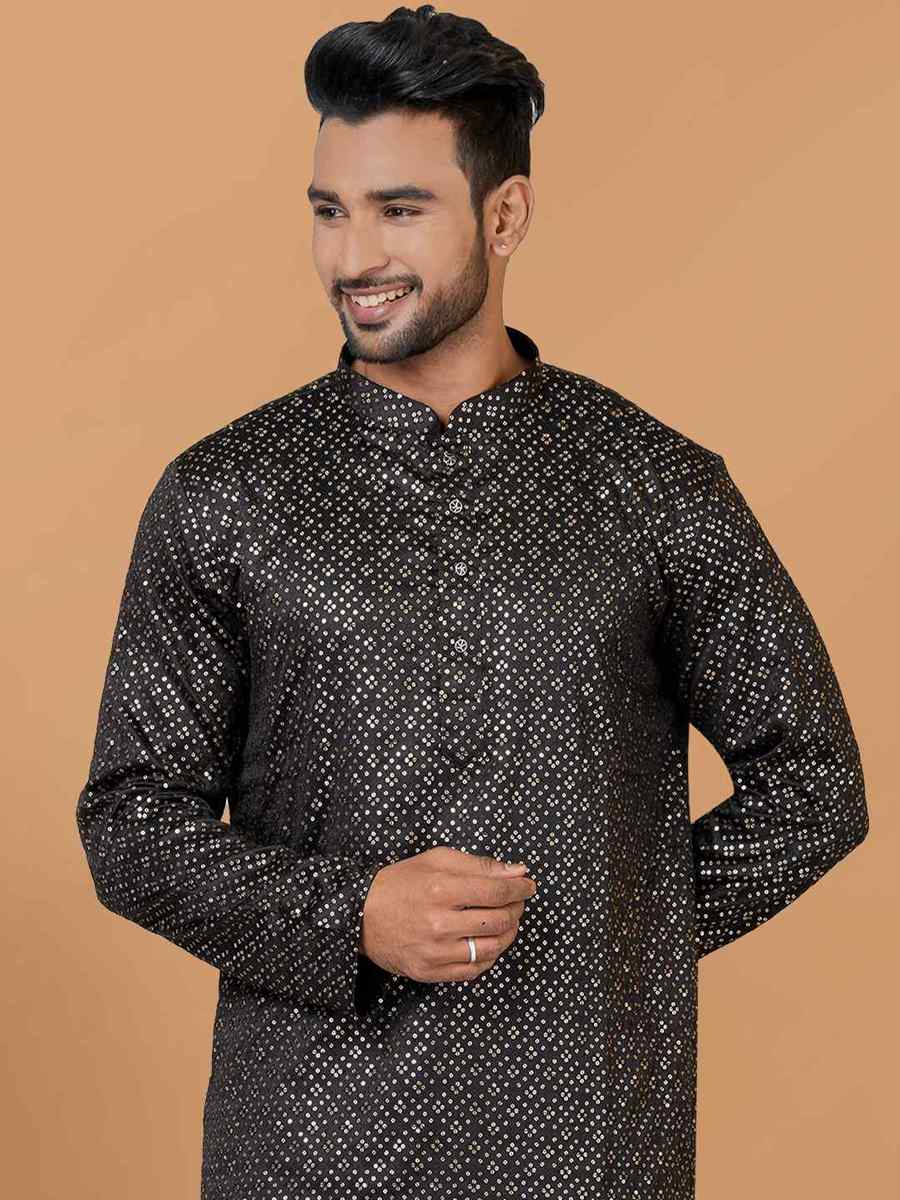 Black Semi Gaji Silk Embroidered Festival Wedding Kurta