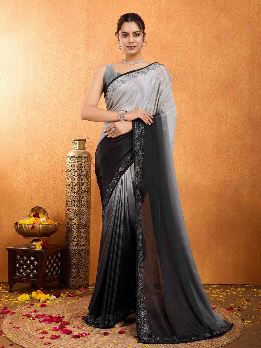 Black Shaded Chinon Printed Festival Casual Heavy Border Saree