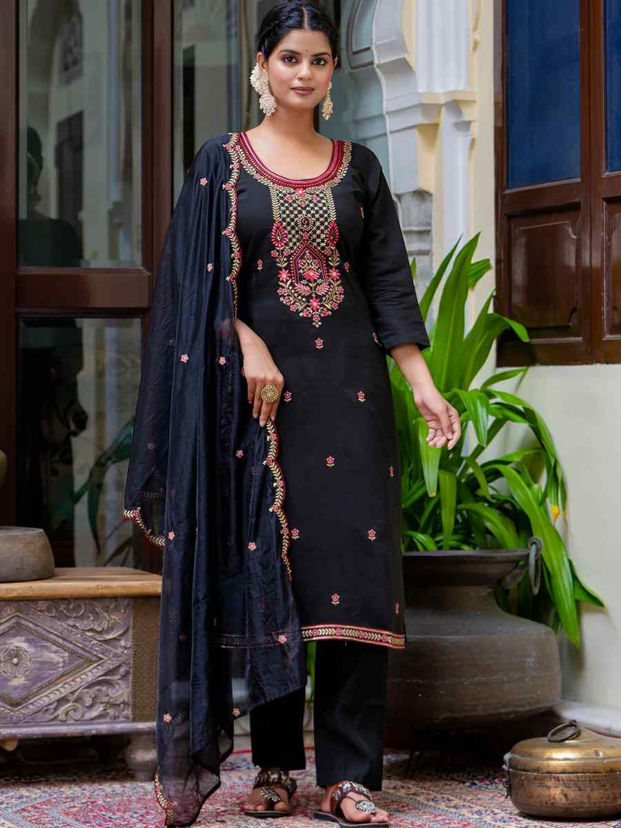 Black Silk Blend Embroidered Mehendi Wedding Ready Pant Salwar Kameez