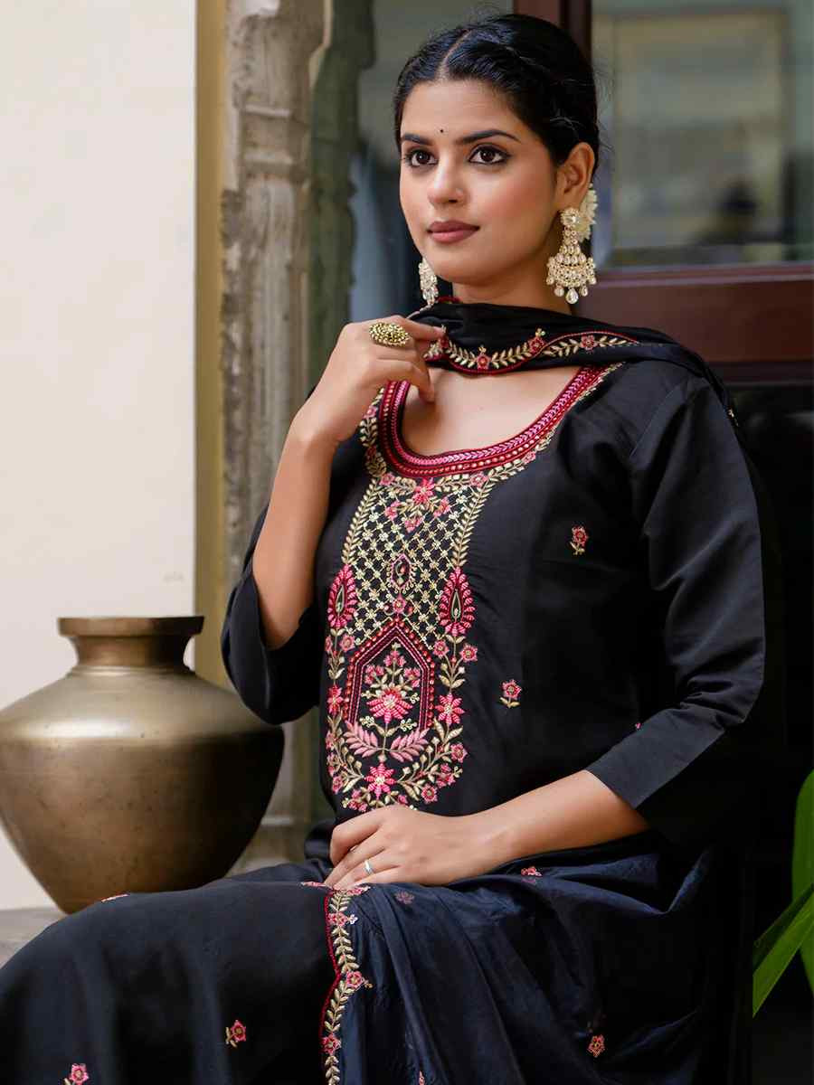 Black Silk Blend Embroidered Mehendi Wedding Ready Pant Salwar Kameez