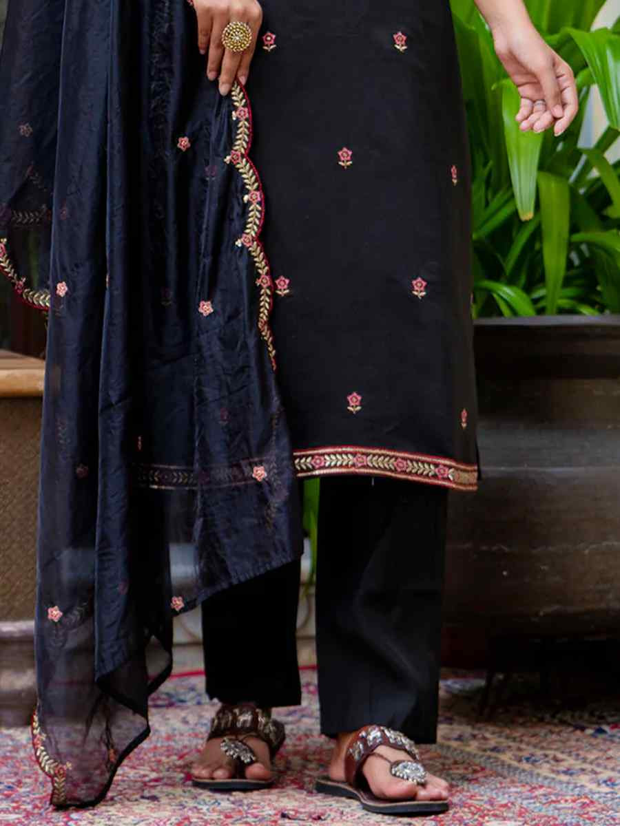 Black Silk Blend Embroidered Mehendi Wedding Ready Pant Salwar Kameez