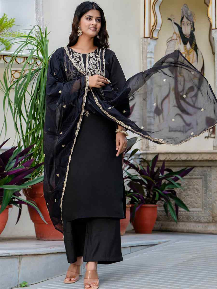 Black Silk Blend Embroidered Mehendi Wedding Ready Pant Salwar Kameez