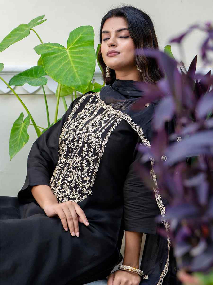 Black Silk Blend Embroidered Mehendi Wedding Ready Pant Salwar Kameez