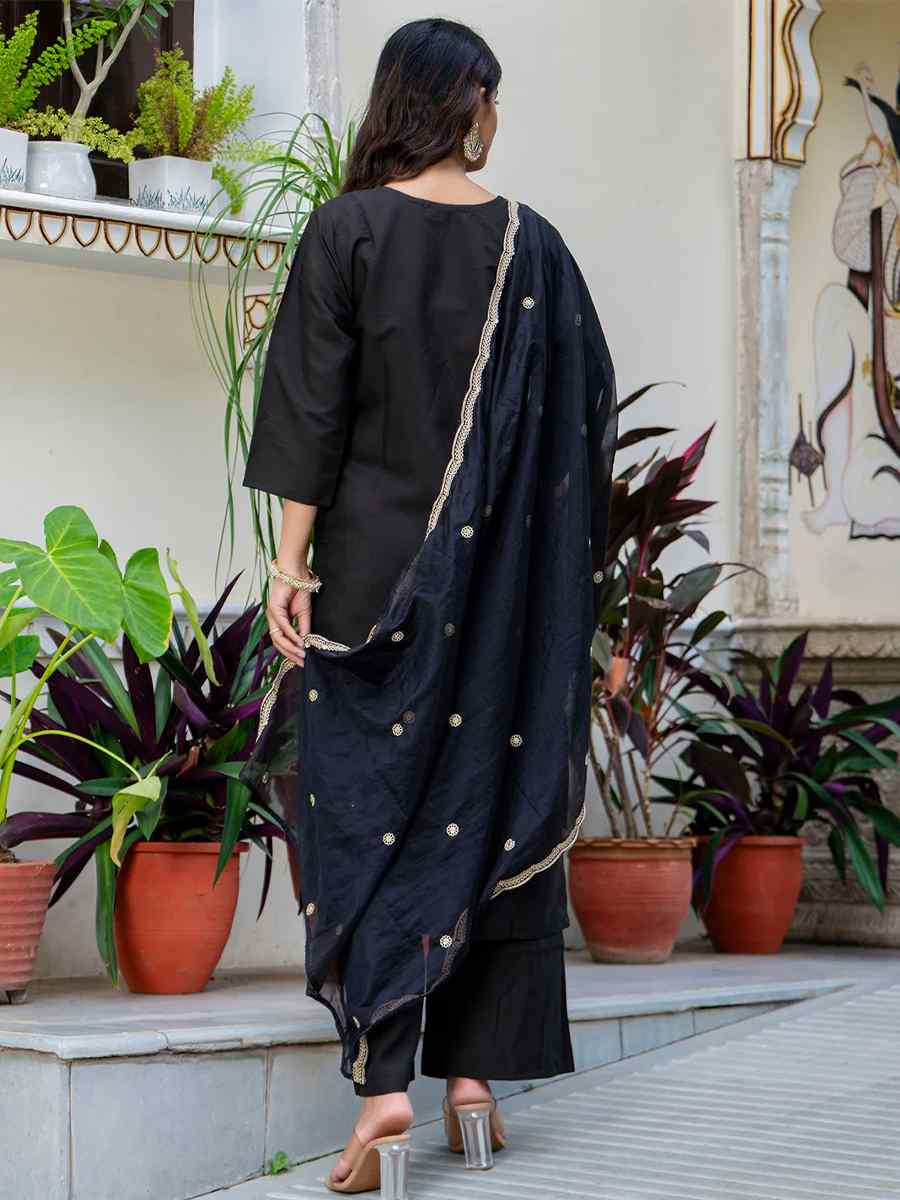Black Silk Blend Embroidered Mehendi Wedding Ready Pant Salwar Kameez