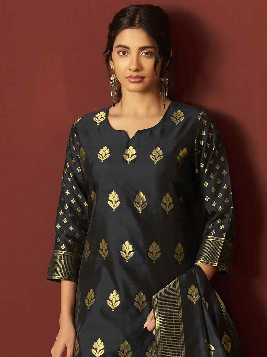 Black Silk Blend Embroidery Party Wedding Festival Casual Ready Pant Salwar Kameez