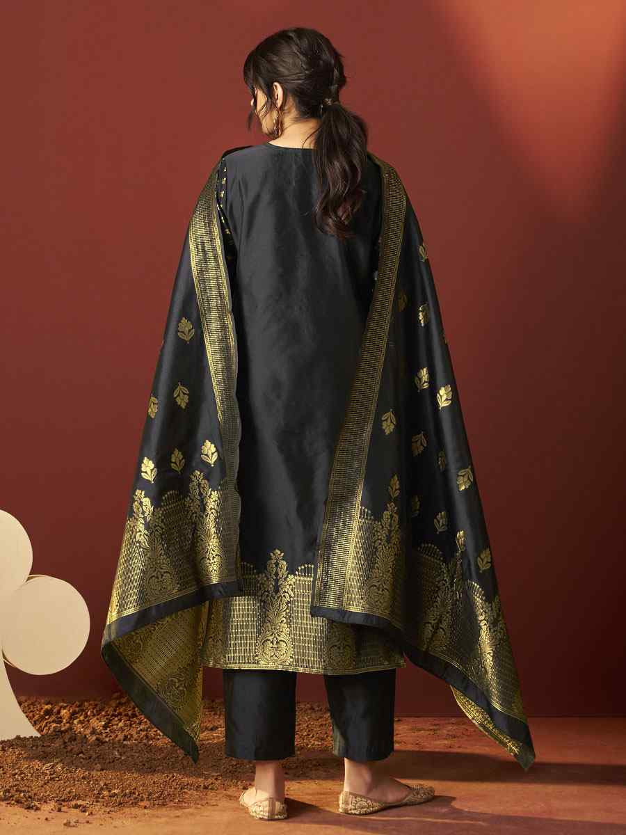 Black Silk Blend Embroidery Party Wedding Festival Casual Ready Pant Salwar Kameez