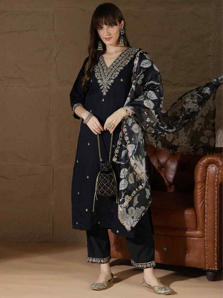 Image of Black Silk Blend Embroidery Party Wedding Festival Casual Ready Pant Salwar Kameez