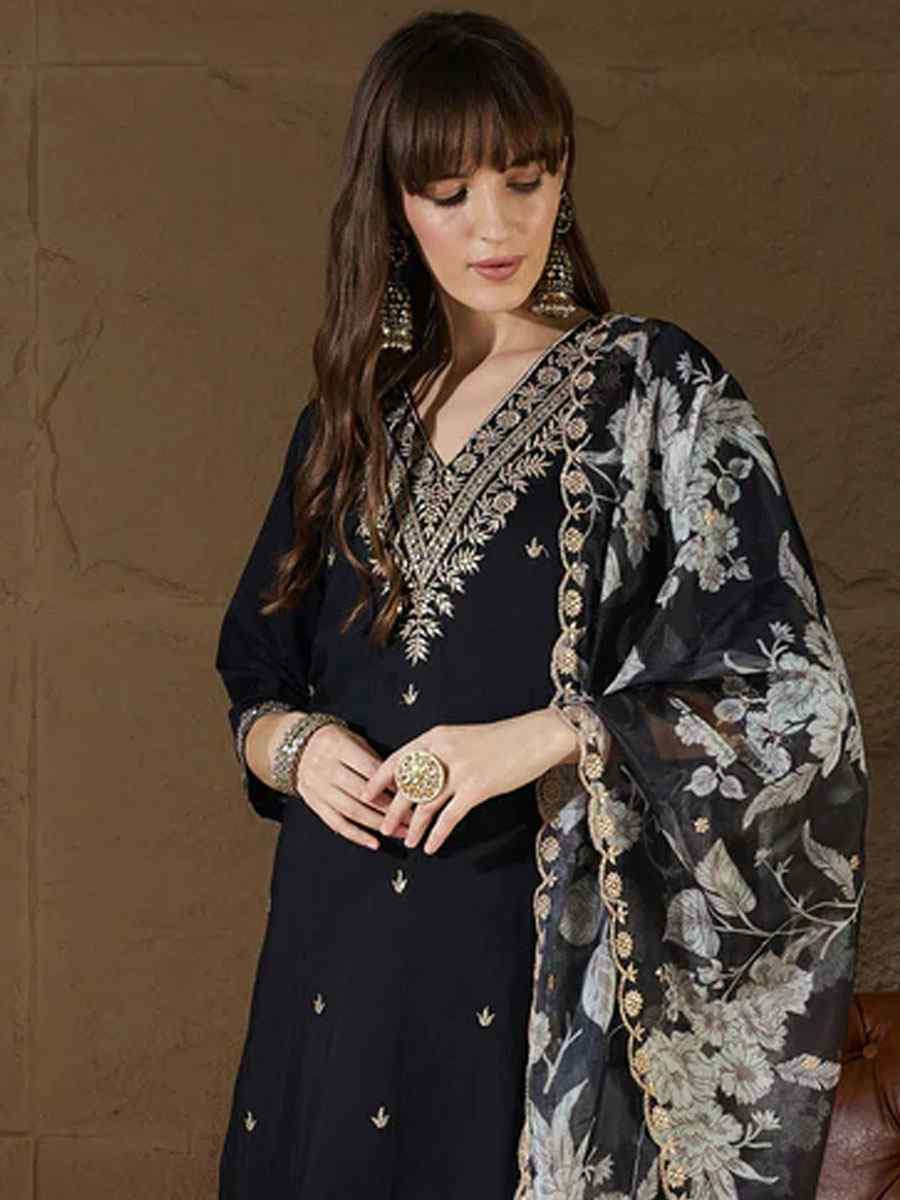 Black Silk Blend Embroidery Party Wedding Festival Casual Ready Pant Salwar Kameez