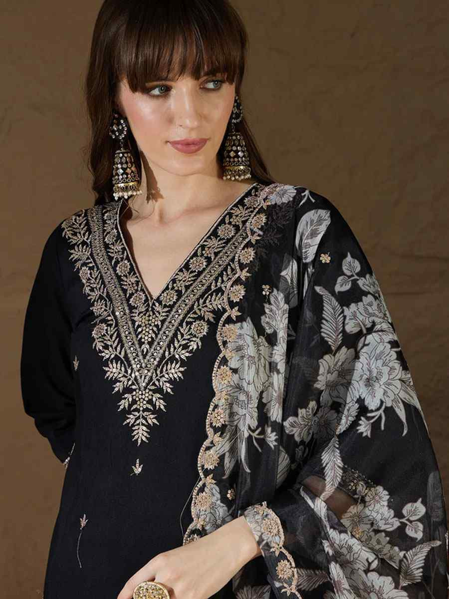 Black Silk Blend Embroidery Party Wedding Festival Casual Ready Pant Salwar Kameez