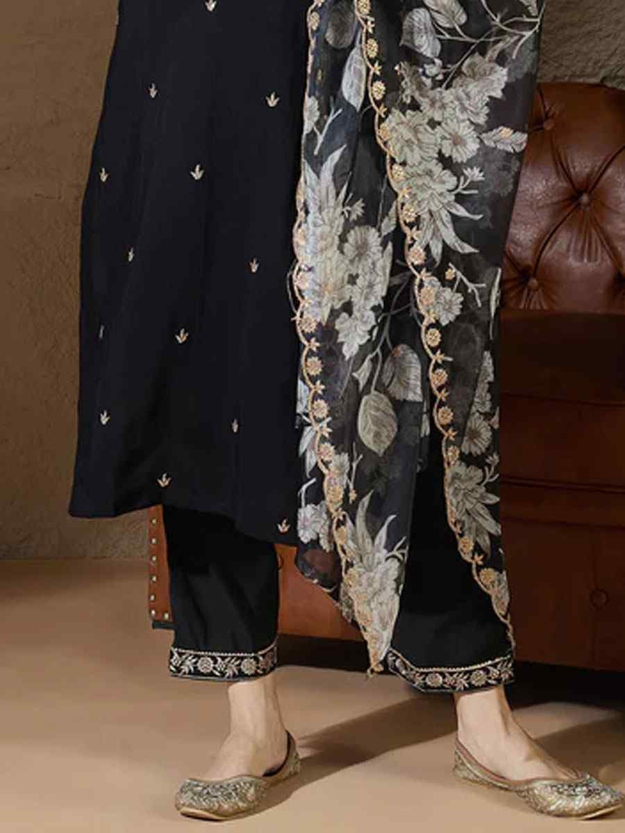 Black Silk Blend Embroidery Party Wedding Festival Casual Ready Pant Salwar Kameez