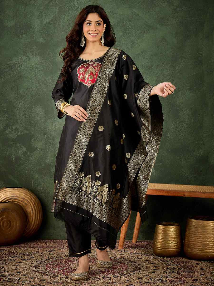 Black Silk Blend Embroidery Party Wedding Festival Casual Ready Pant Salwar Kameez