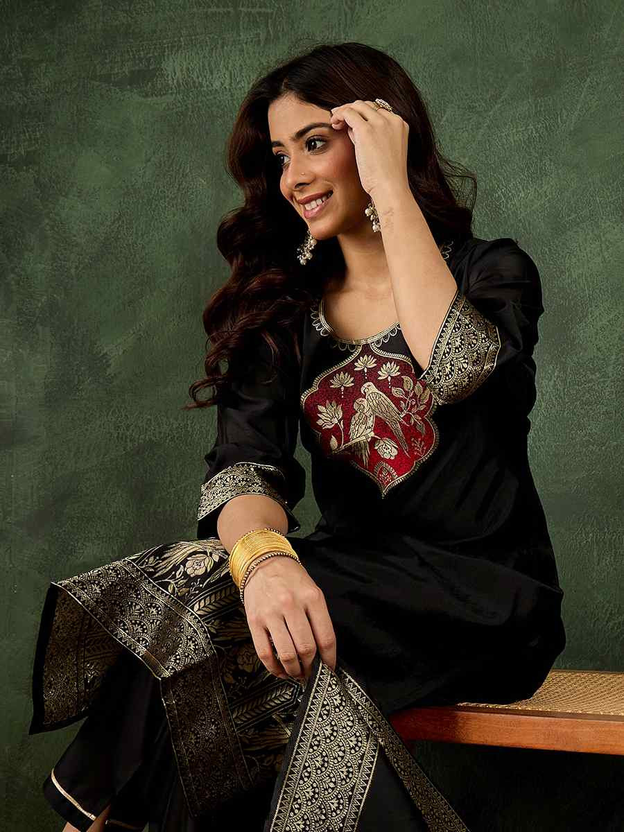 Black Silk Blend Embroidery Party Wedding Festival Casual Ready Pant Salwar Kameez