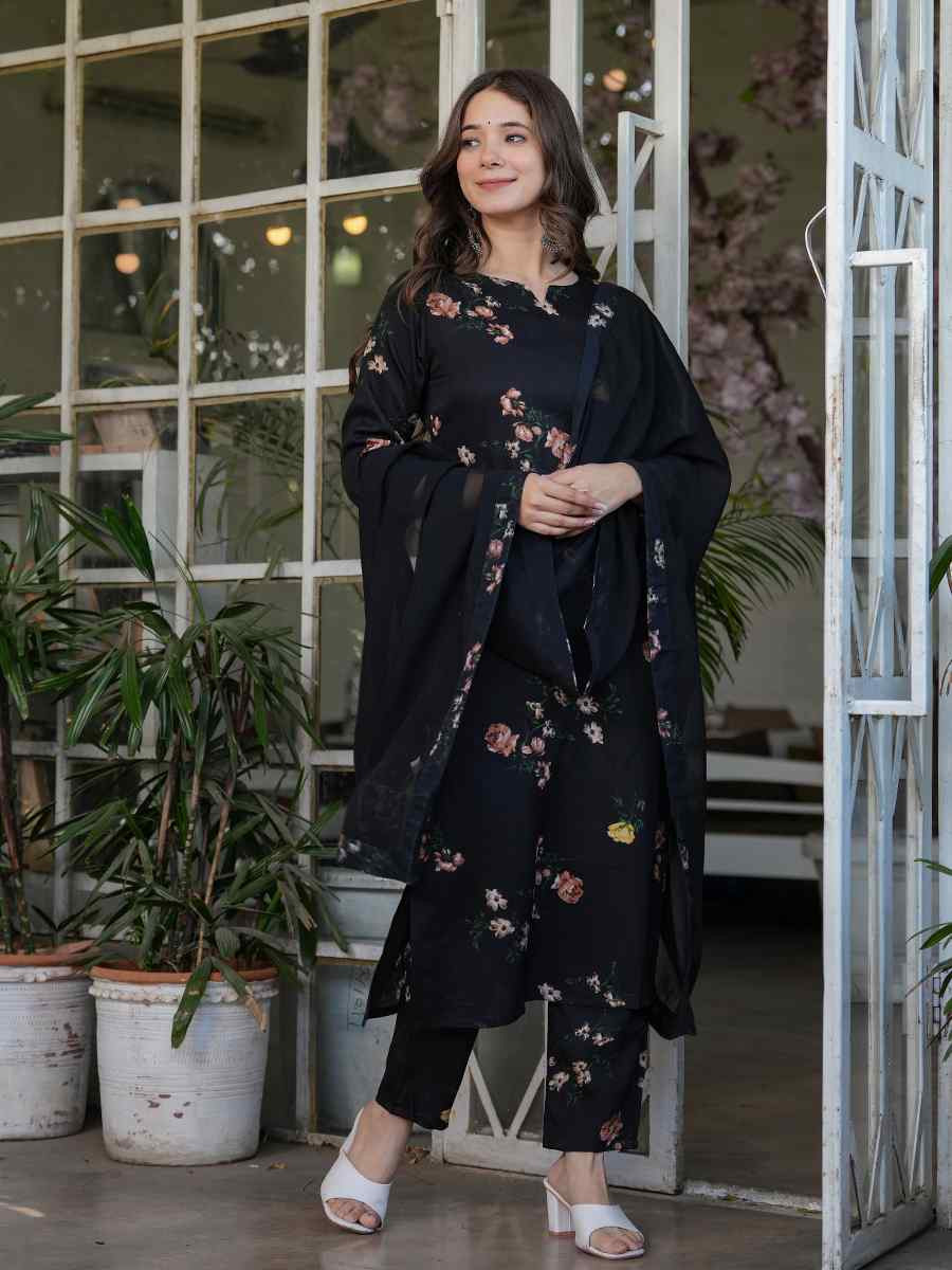 Black Silk Blend Printed Party Casual Ready Pant Salwar Kameez