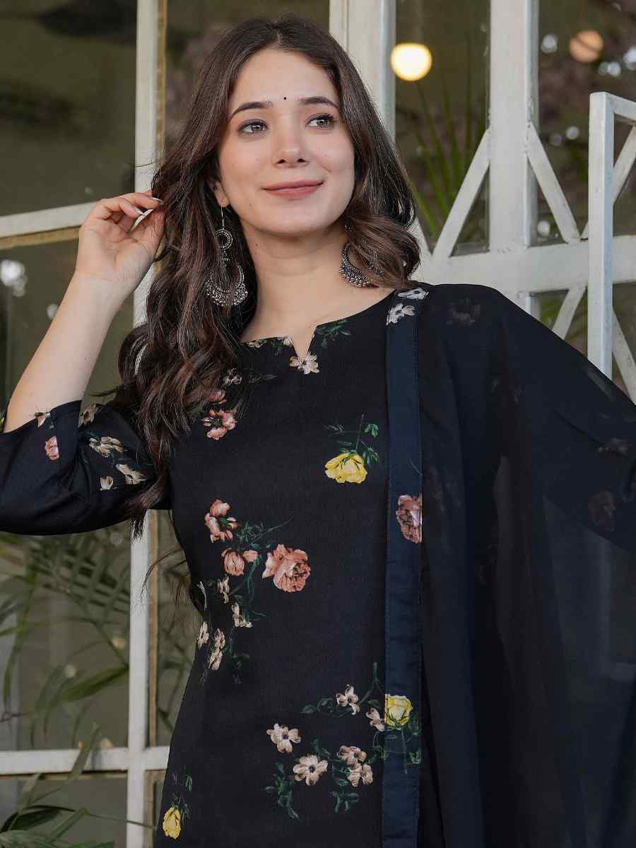 Black Silk Blend Printed Party Casual Ready Pant Salwar Kameez