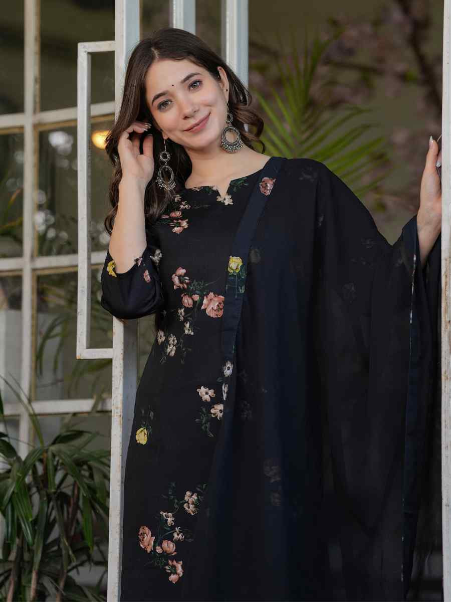 Black Silk Blend Printed Party Casual Ready Pant Salwar Kameez