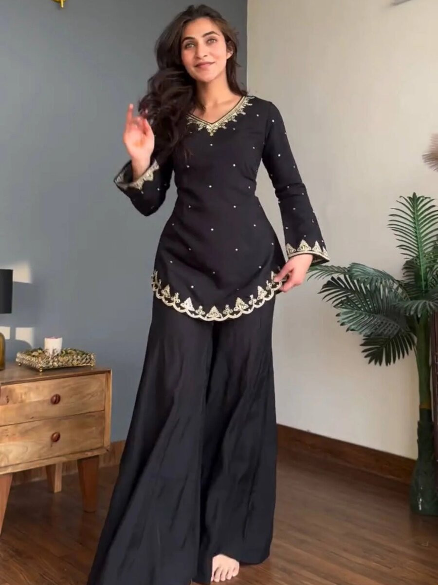 Black Silk Crepe Embroidery Wedding Party Festival Casual Ready Palazzo Pant Salwar Kameez