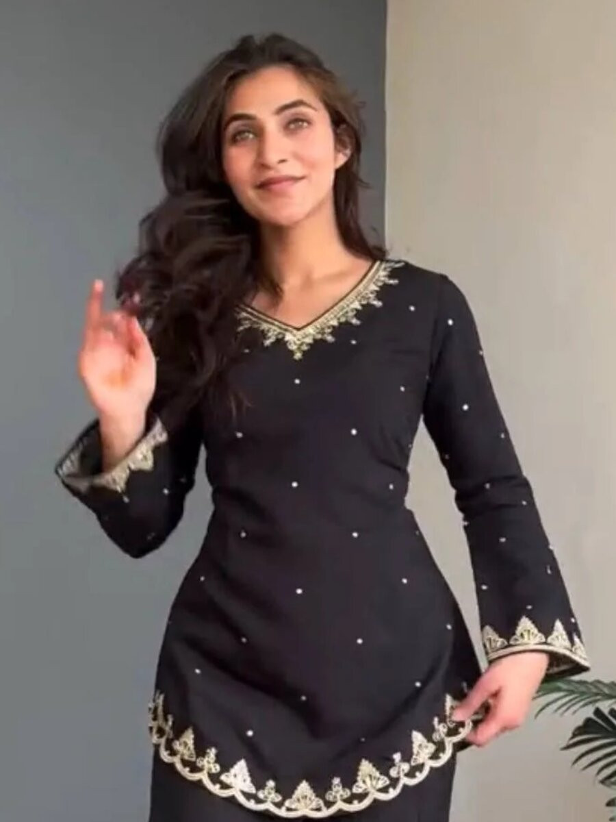 Black Silk Crepe Embroidery Wedding Party Festival Casual Ready Palazzo Pant Salwar Kameez
