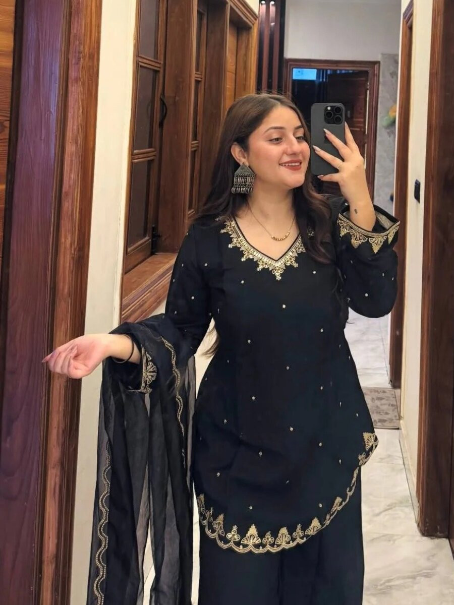 Black Silk Crepe Embroidery Wedding Party Festival Casual Ready Palazzo Pant Salwar Kameez
