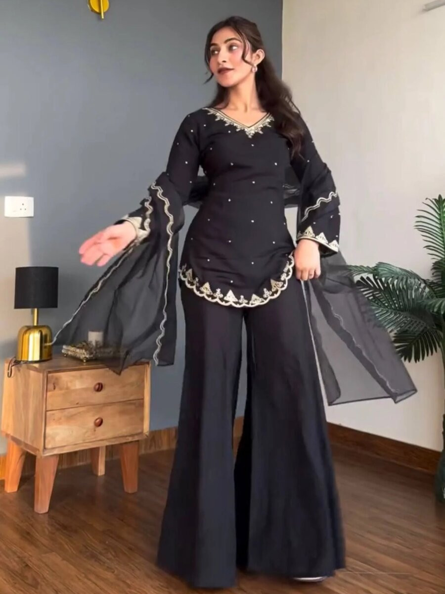Black Silk Crepe Embroidery Wedding Party Festival Casual Ready Palazzo Pant Salwar Kameez