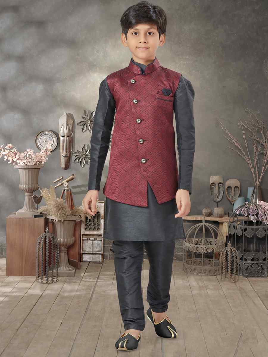 Black Silk Dupion Printed Traditional Party Kurta