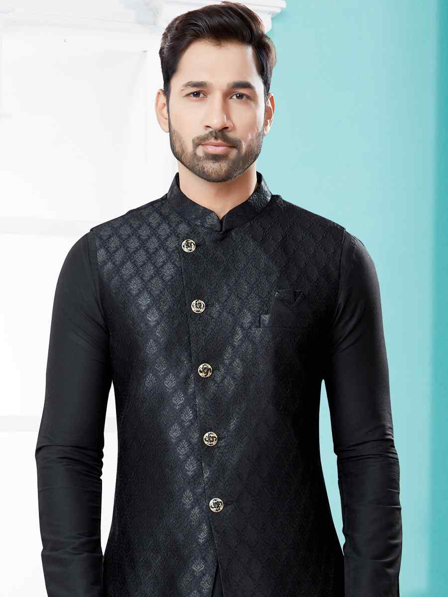 Black Silk Dupion Woven Festival Party Kurta