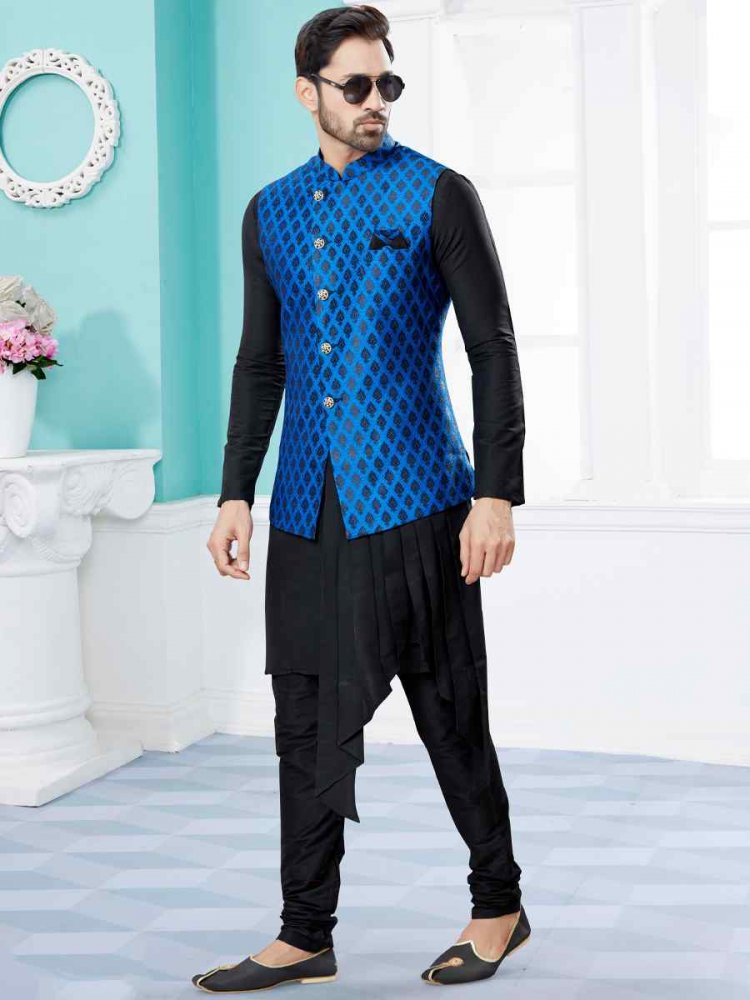 Black Silk Dupion Woven Festival Party Kurta