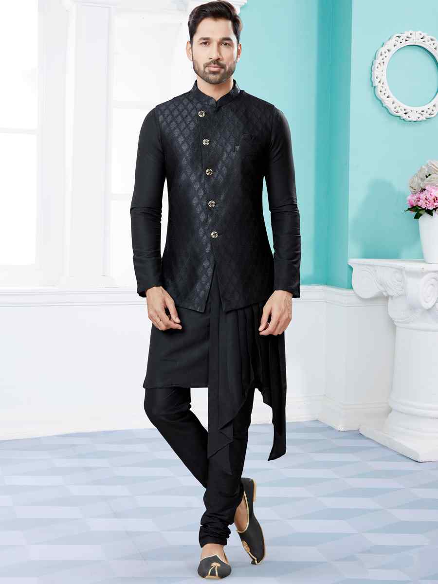 Black Silk Dupion Woven Festival Party Kurta
